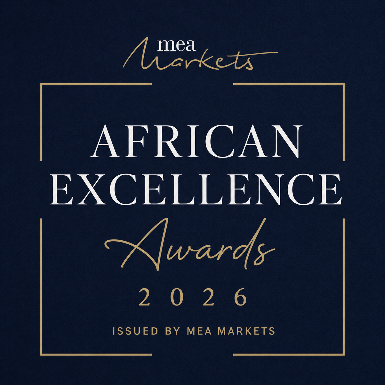 Official logo for the MEA Markets African Excellence Awards 2026 presented in gold and white text on a dark blue background.